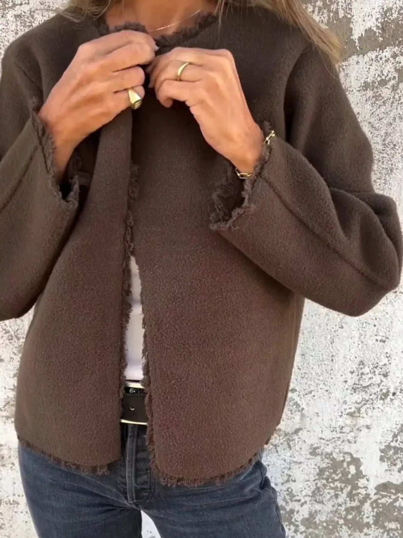 Full Size One Button Frayed Edge Cardigan Plus Size - Image 5