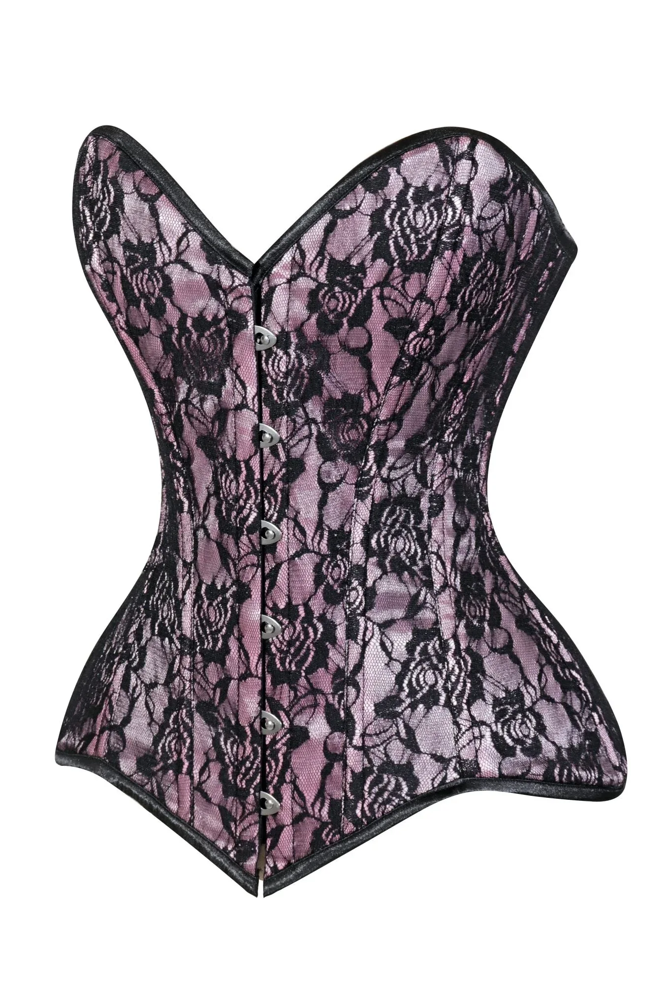 Lavish Pink/Black Lace Overbust Corset Sweetheart Neckline Busk Closure - Image 4