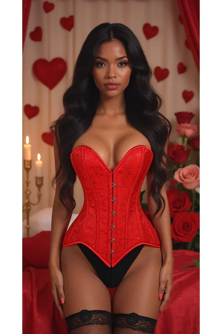 Lavish Red Brocade Overbust Corset W/Busk Closure - Image 4