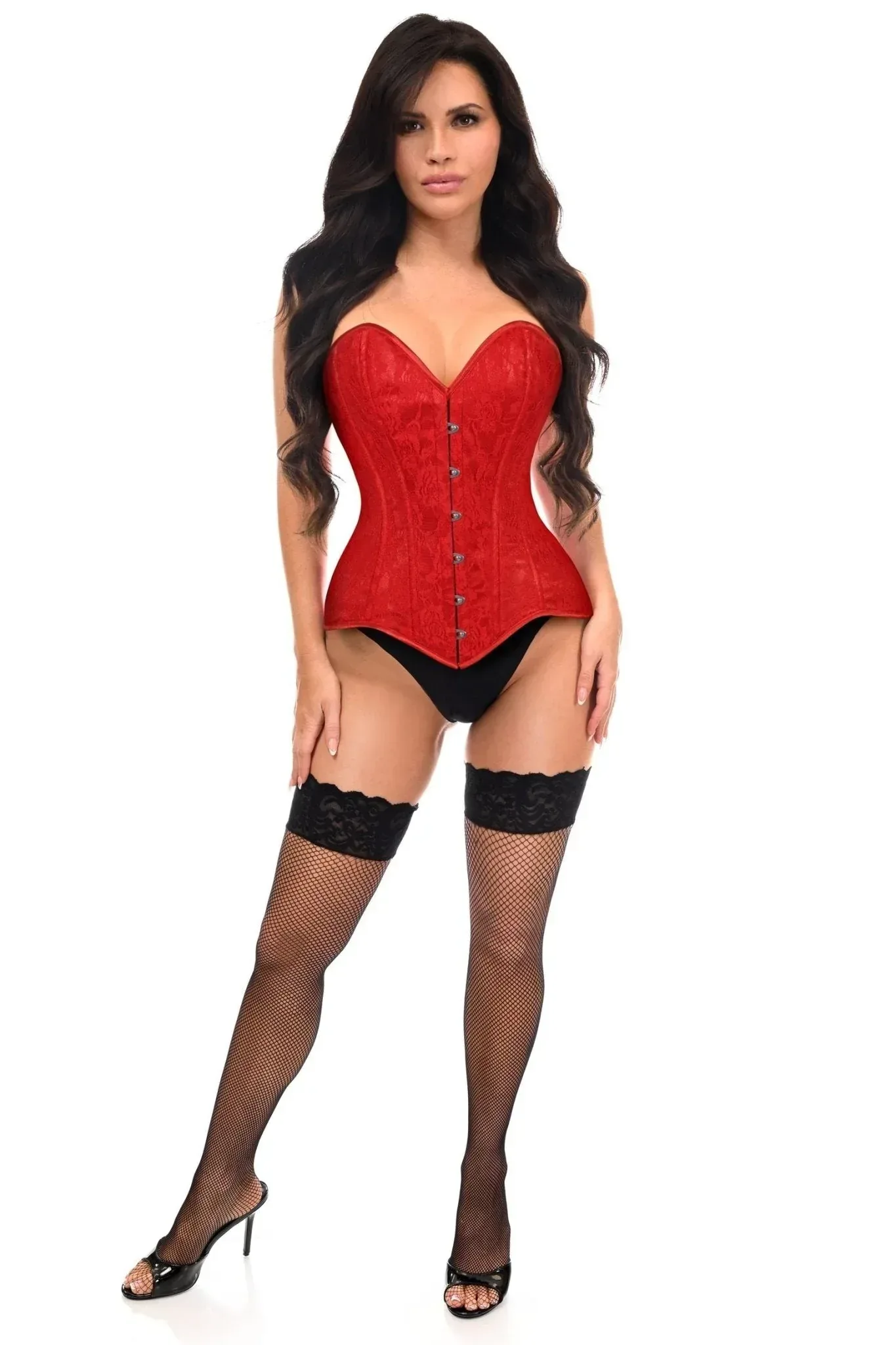 Lavish Red Lace Overbust Corset Sweetheart Neckline Busk Closure - Image 7