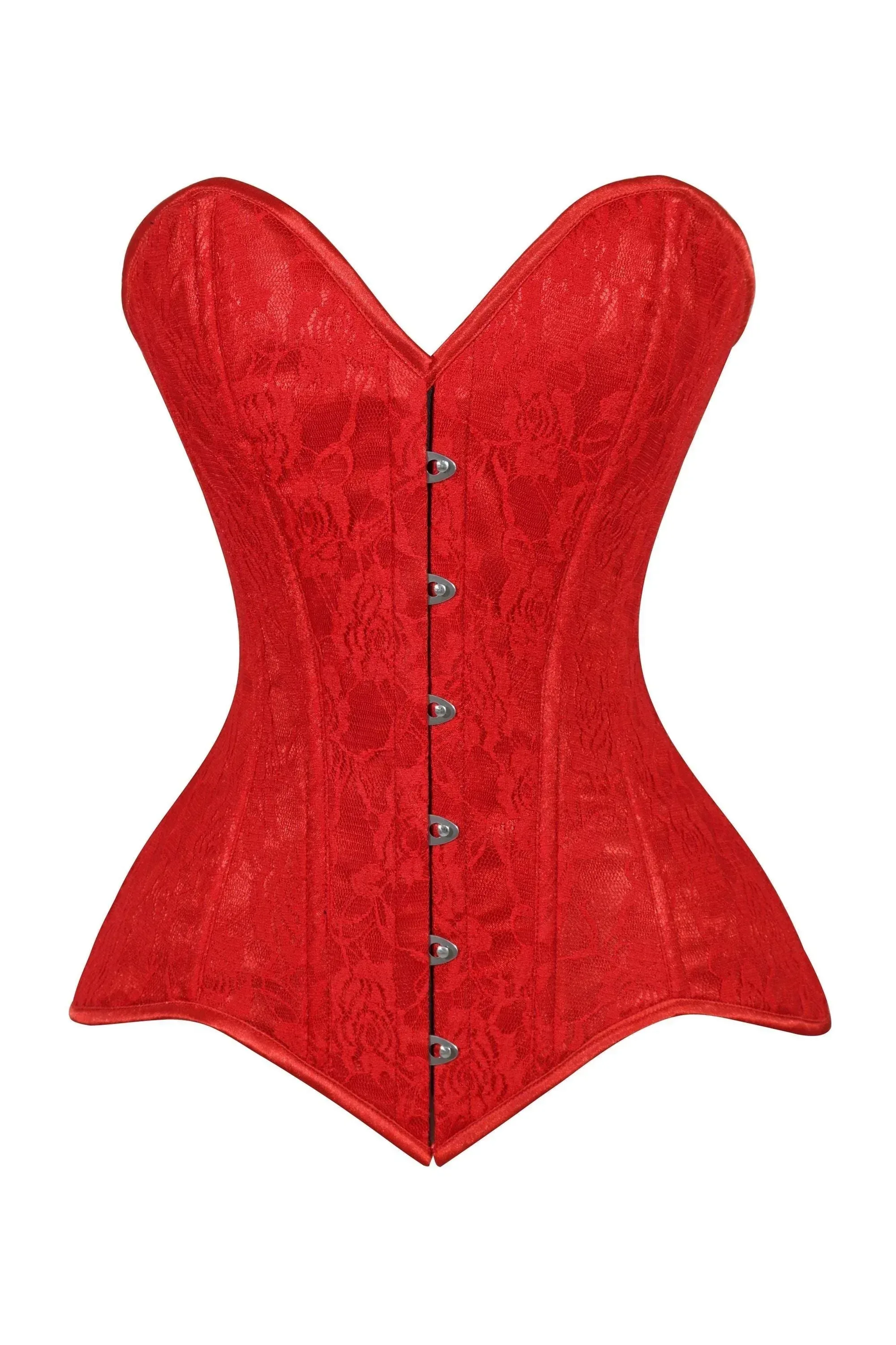 Lavish Red Lace Overbust Corset Sweetheart Neckline Busk Closure - Image 9