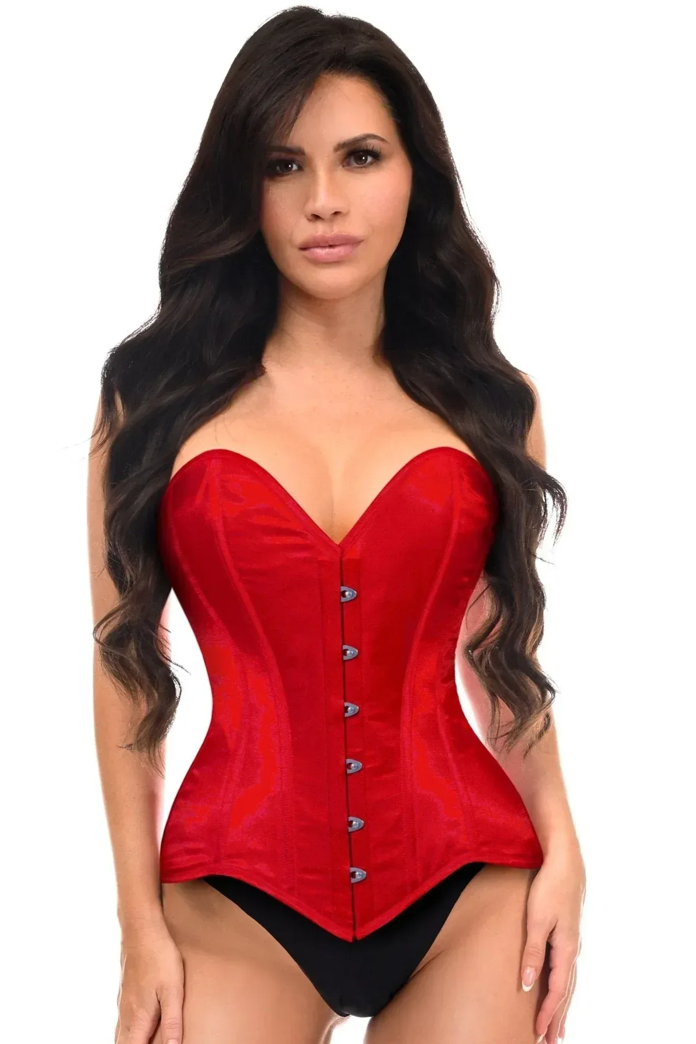 Lavish Red Satin Overbust Corset Sweetheart Neckline Busk Closure - Image 3