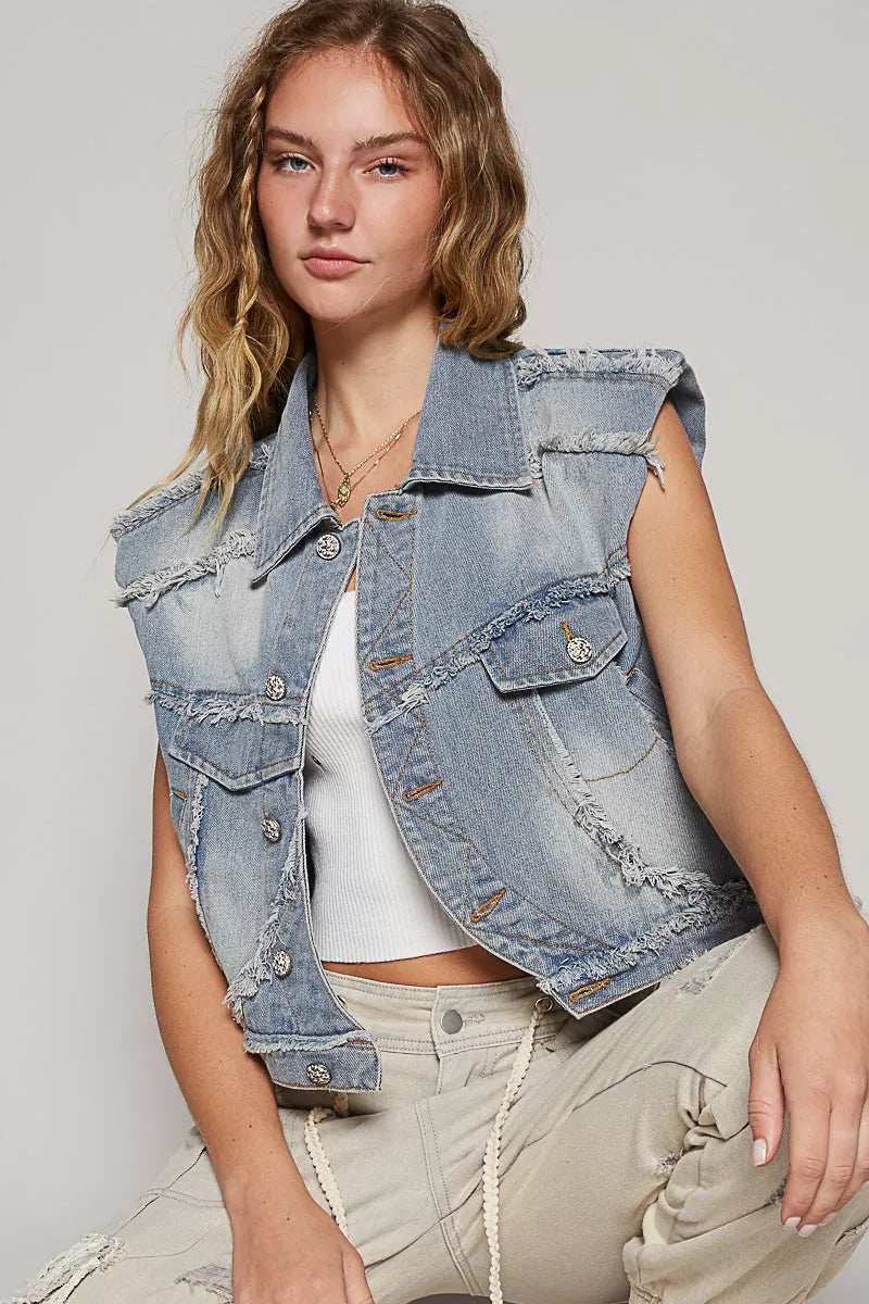 POL Assymetrical Front Closure Raw Hem Denim Vest - Image 3