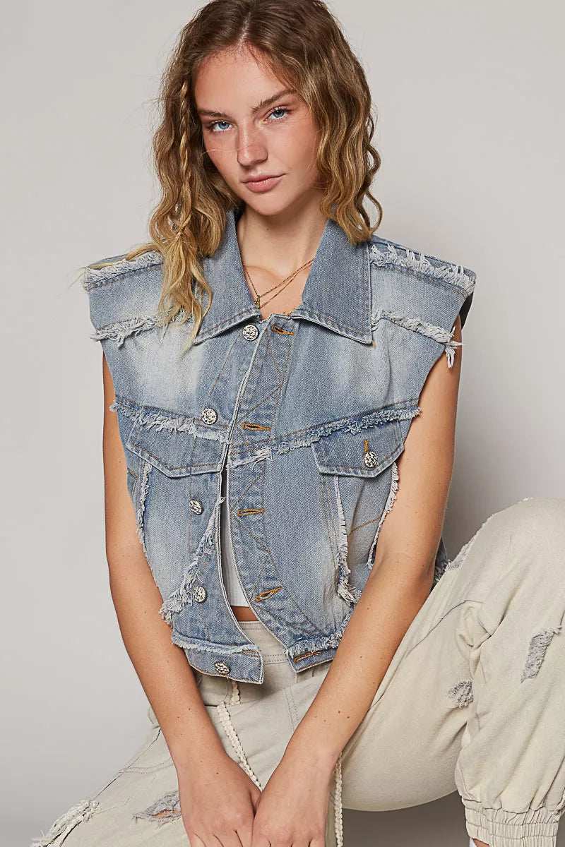 POL Assymetrical Front Closure Raw Hem Denim Vest - Image 4