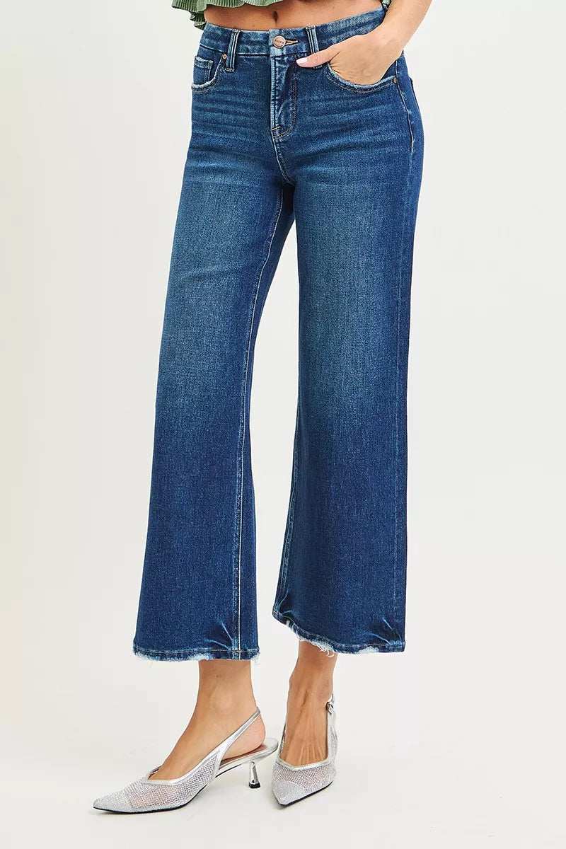 RISEN Tummy Control 4 Way Stretch High Rise Crop Wide Leg Jeans - Image 3